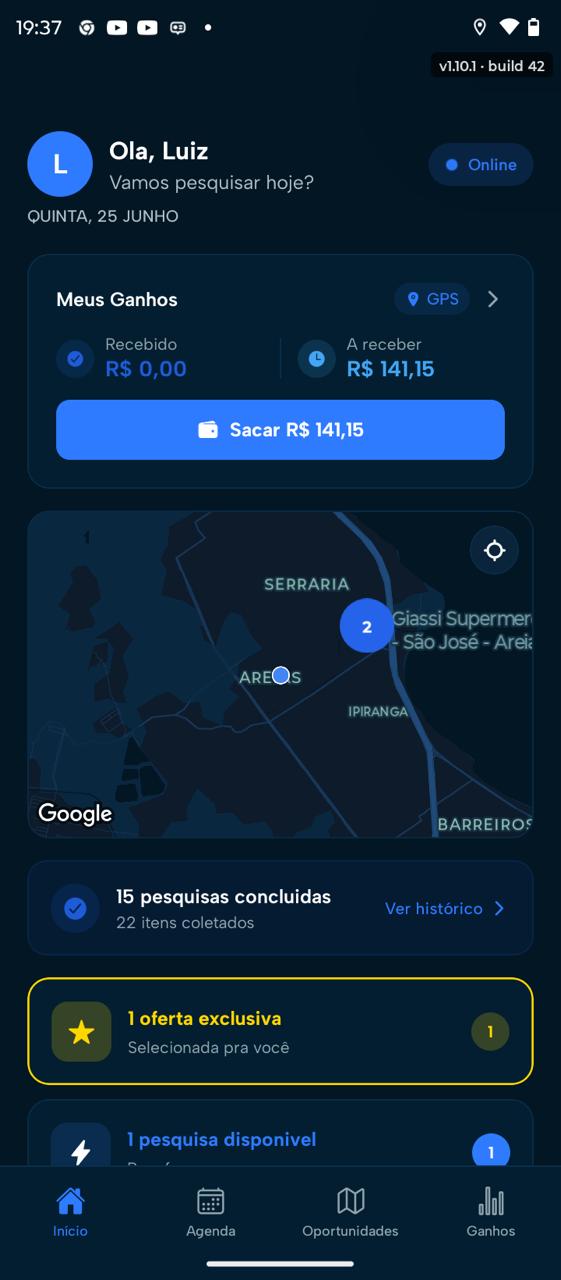 App Pricepoint no modo escuro: tela inicial com saldo a receber, mapa e uma oferta exclusiva selecionada para o pesquisador.