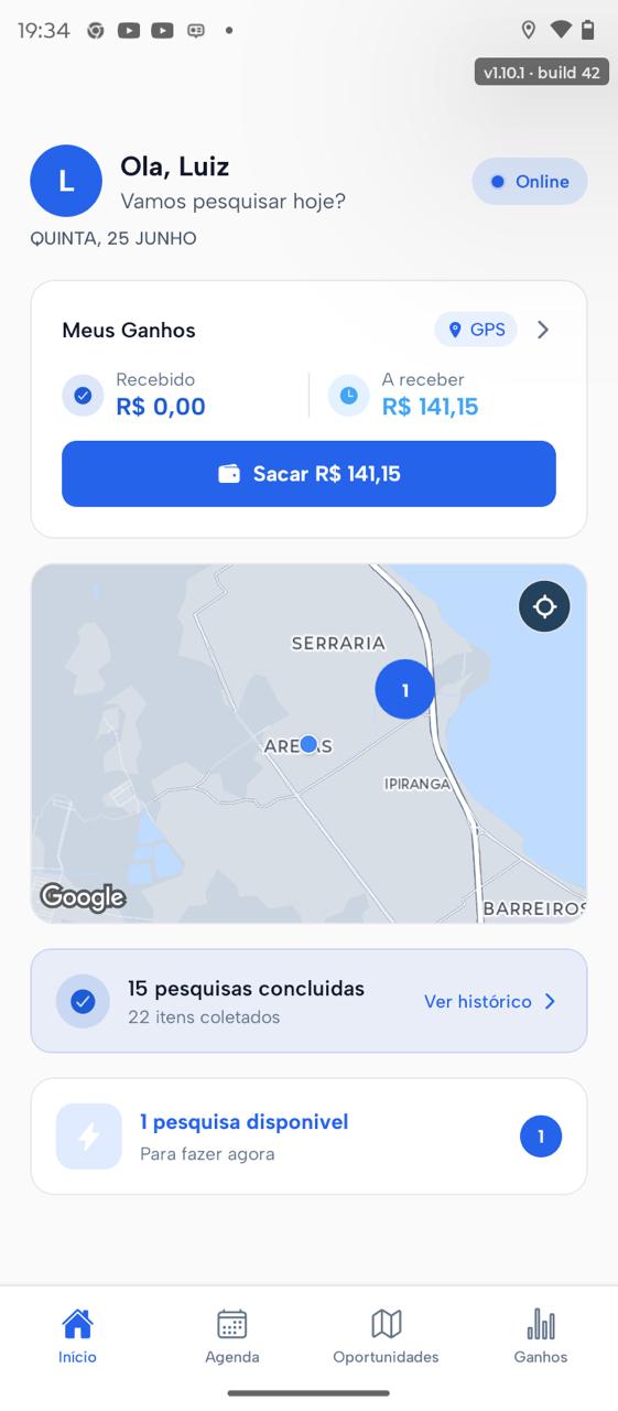 Tela inicial do app Pricepoint: saudação ‘Olá, Luiz’, status ‘Online’, card Meus Ganhos com saldo de R$ 141,15 e botão Sacar, mapa com pesquisa disponível.